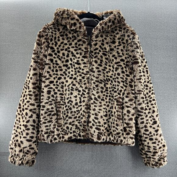 VTG OP Ocean Pacific Faux Fur Animal Print Full Zip Reversible‎ Hooded Jacket XL - Picture 1 of 14